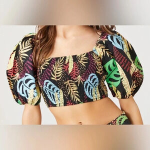 Forever 21 Tropical Print Puff Sleeve Crop Small NWT
